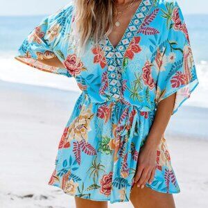 Blue Tropical Dolman Sleeve Mini Dress